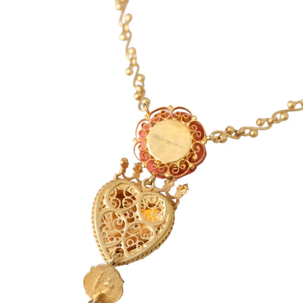 Gold BrassChain Sacred Heart Rose Crystal Charm Necklace