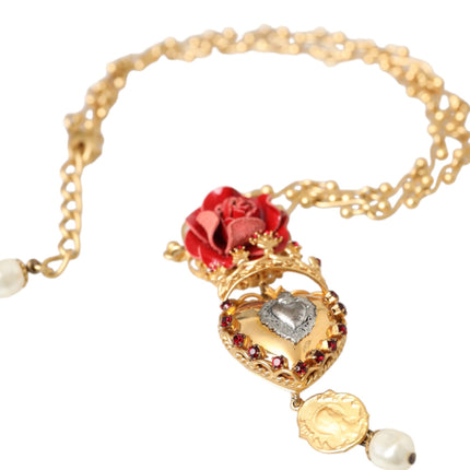 Gold BrassChain Sacred Heart Rose Crystal Charm Necklace