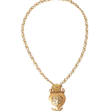 Gold Brass Chain Sacred Heart Crystal Charm Necklace