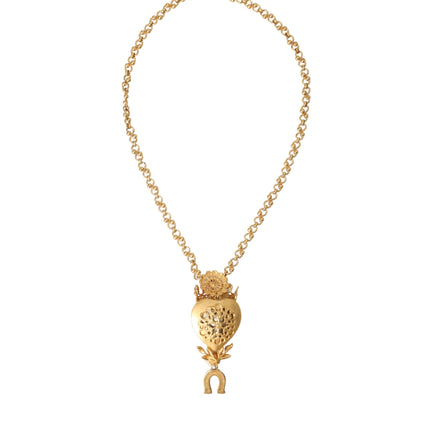 Gold Brass Chain Sacred Heart Crystal Charm Necklace