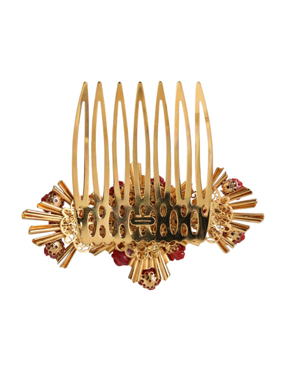 Gold Brass Crystal Heart Floral Hair Comb