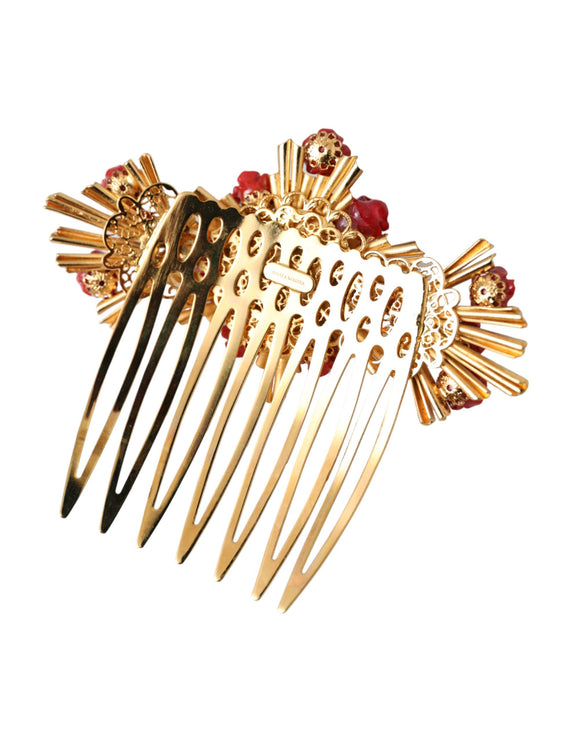 Gold Brass Crystal Heart Floral Hair Comb