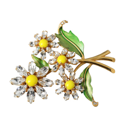 Gold Yellow Green Filigree Flower Crystals Brooch Pin