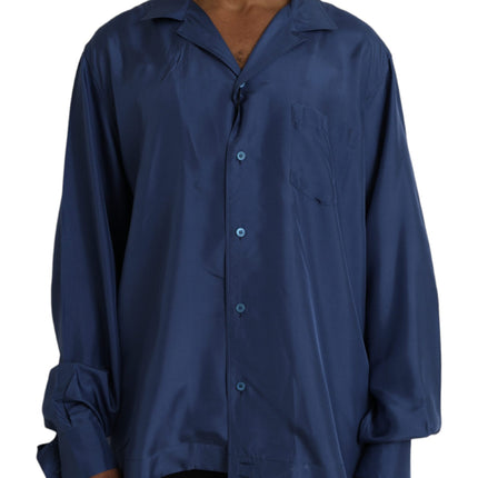 Blue Silk Long Sleeve Lounge Casual Shirt