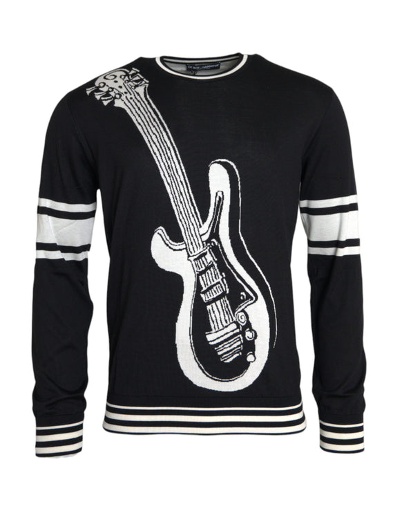 Black White Guitar Print Silk Pullover Sweater