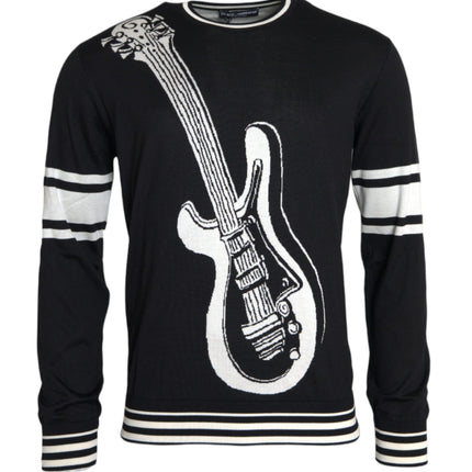 Black White Guitar Print Silk Pullover Sweater