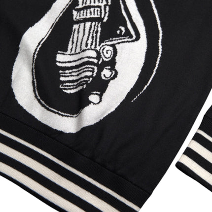 Black White Guitar Print Silk Pullover Sweater