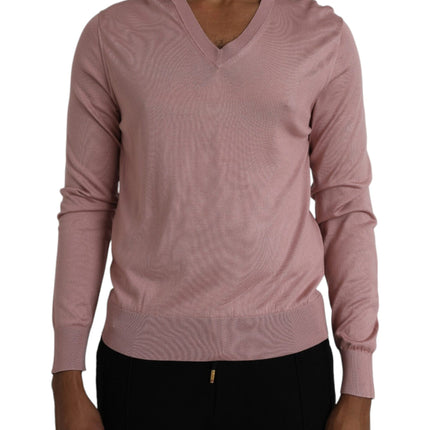 Pink Silk V-neck Long Sleeve Pullover Sweater