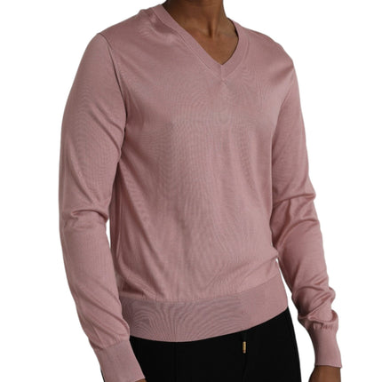 Pink Silk V-neck Long Sleeve Pullover Sweater