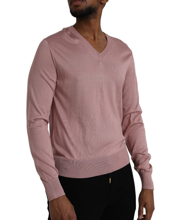 Pink Silk V-neck Long Sleeve Pullover Sweater