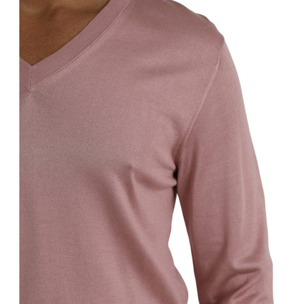 Pink Silk V-neck Long Sleeve Pullover Sweater