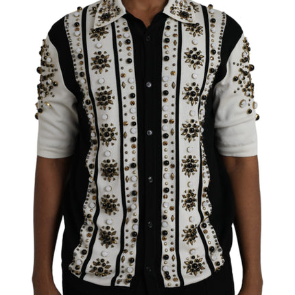 White Black Silk Studded Stone Crystal Shirt