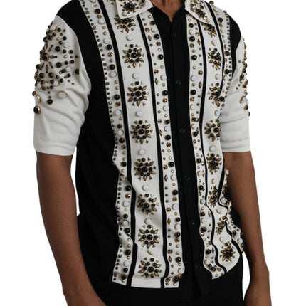 White Black Silk Studded Stone Crystal Shirt