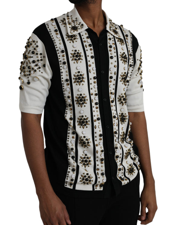 White Black Silk Studded Stone Crystal Shirt