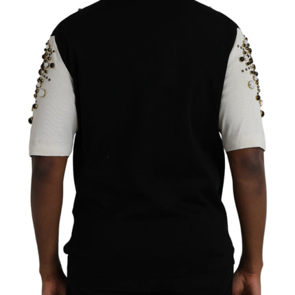 White Black Silk Studded Stone Crystal Shirt