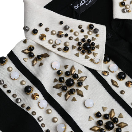 White Black Silk Studded Stone Crystal Shirt