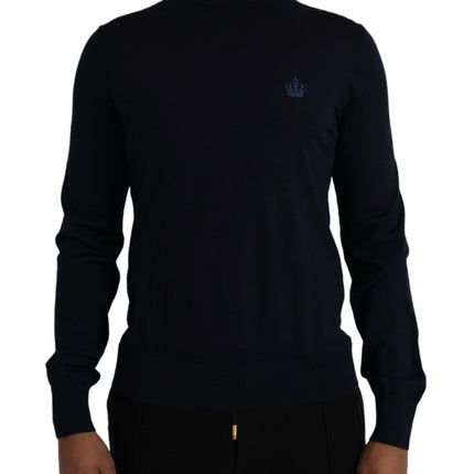 Blue Wool Crown Turtleneck Pullover Sweater