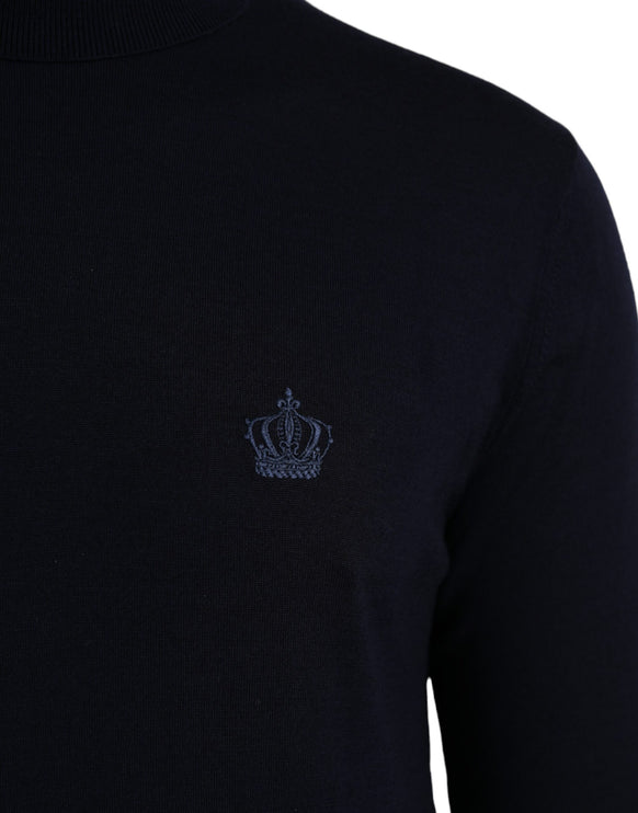 Blue Wool Crown Turtleneck Pullover Sweater