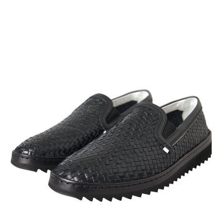 Black Woven Buffalo Leather Men Loafers Shoes