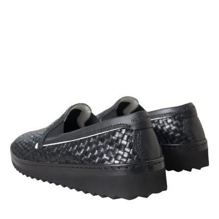 Black Woven Buffalo Leather Men Loafers Shoes