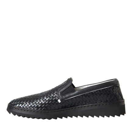 Black Woven Buffalo Leather Men Loafers Shoes