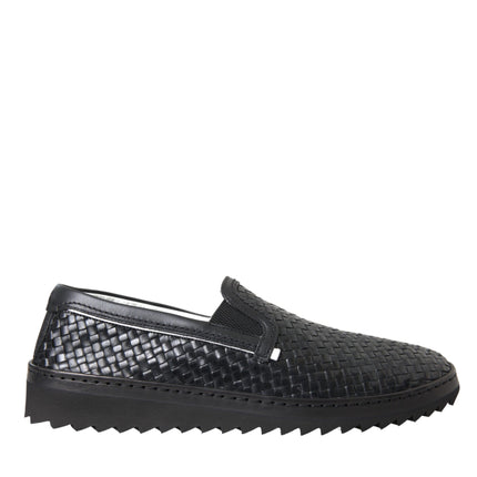 Black Woven Buffalo Leather Men Loafers Shoes