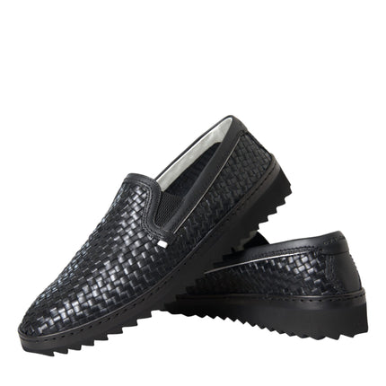 Black Woven Buffalo Leather Men Loafers Shoes