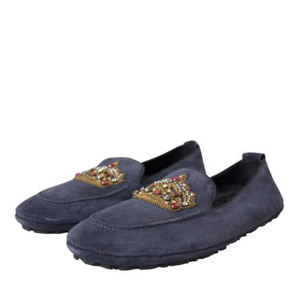 Blue Leather Suede Crystal Crown Loafers Shoes