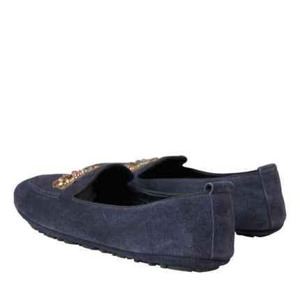 Blue Leather Suede Crystal Crown Loafers Shoes