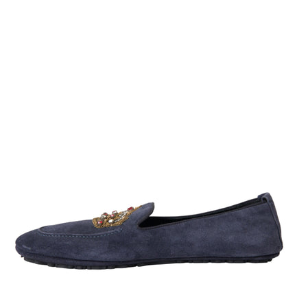 Blue Leather Suede Crystal Crown Loafers Shoes