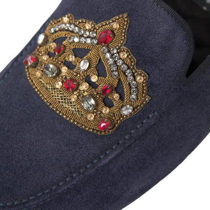 Blue Leather Suede Crystal Crown Loafers Shoes