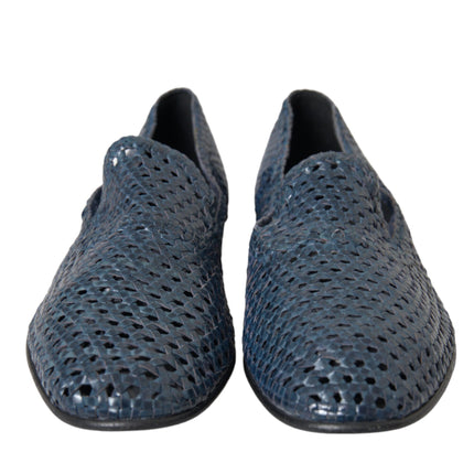 Blue Woven Leather Slip On Loafers Men Shoes