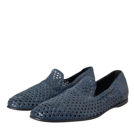 Blue Woven Leather Slip On Loafers Men Shoes