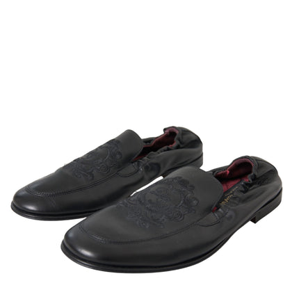 Black Logo Embroidered Leather Loafer Men Dress Shoes