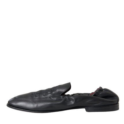 Black Logo Embroidered Leather Loafer Men Dress Shoes