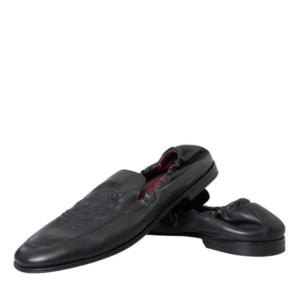 Black Logo Embroidered Leather Loafer Men Dress Shoes