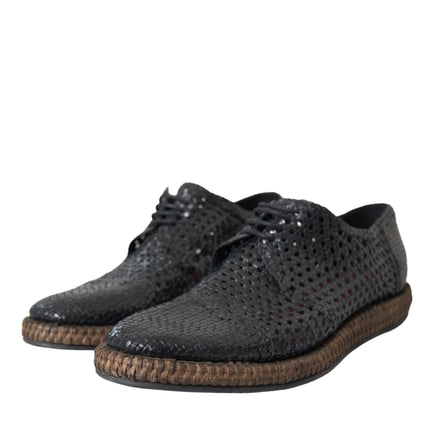 Black Woven Goat Leather Lace Up Derby Shoes