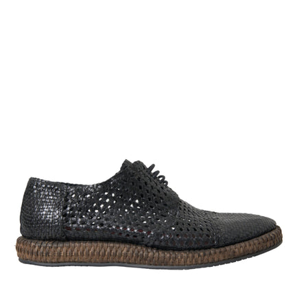 Black Woven Goat Leather Lace Up Derby Shoes