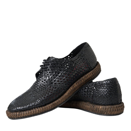 Black Woven Goat Leather Lace Up Derby Shoes