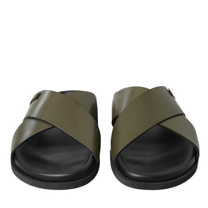 Green Leather Criss-Cross Slide Sandals Shoes