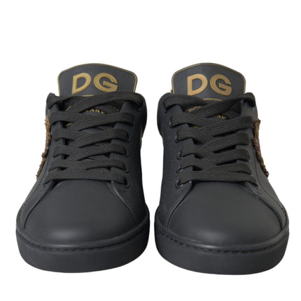 Black Leather Heart Embellished Sneakers Shoes