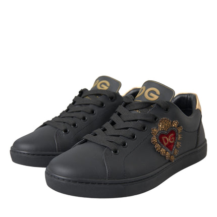 Black Leather Heart Embellished Sneakers Shoes