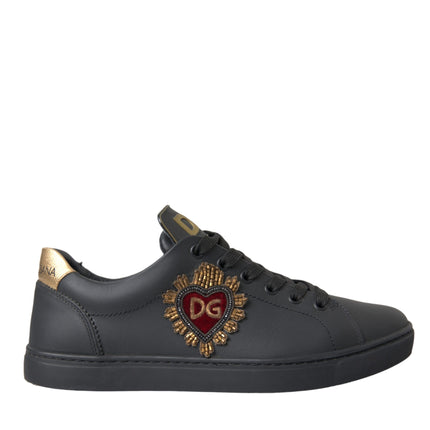 Black Leather Heart Embellished Sneakers Shoes