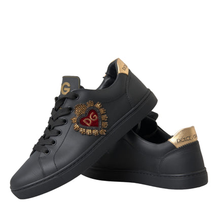 Black Leather Heart Embellished Sneakers Shoes