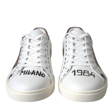 White Brown Leather Logo Low Top Sneakers Shoes