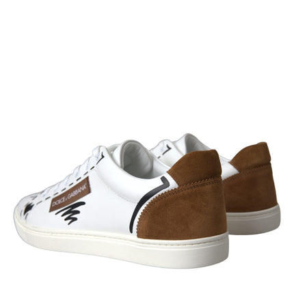 White Brown Leather Logo Low Top Sneakers Shoes