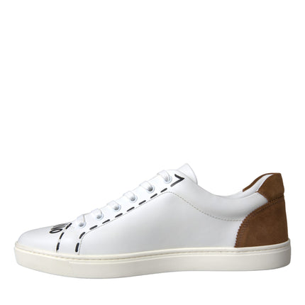 White Brown Leather Logo Low Top Sneakers Shoes