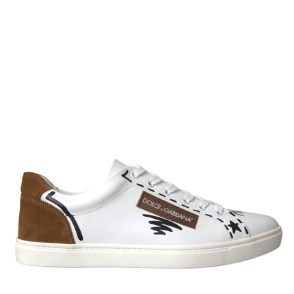 White Brown Leather Logo Low Top Sneakers Shoes