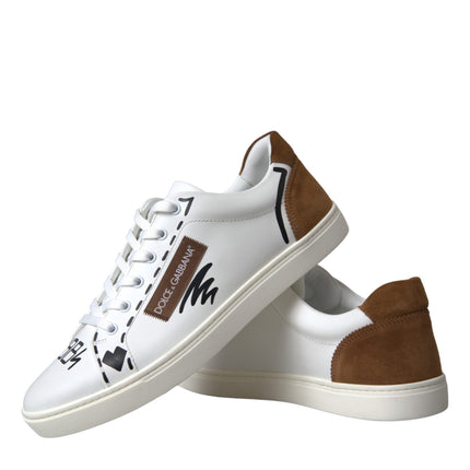 White Brown Leather Logo Low Top Sneakers Shoes