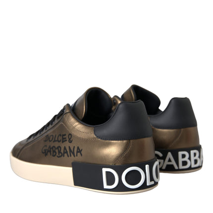 Gold Black Portofino Calf Leather Sneakers Shoes